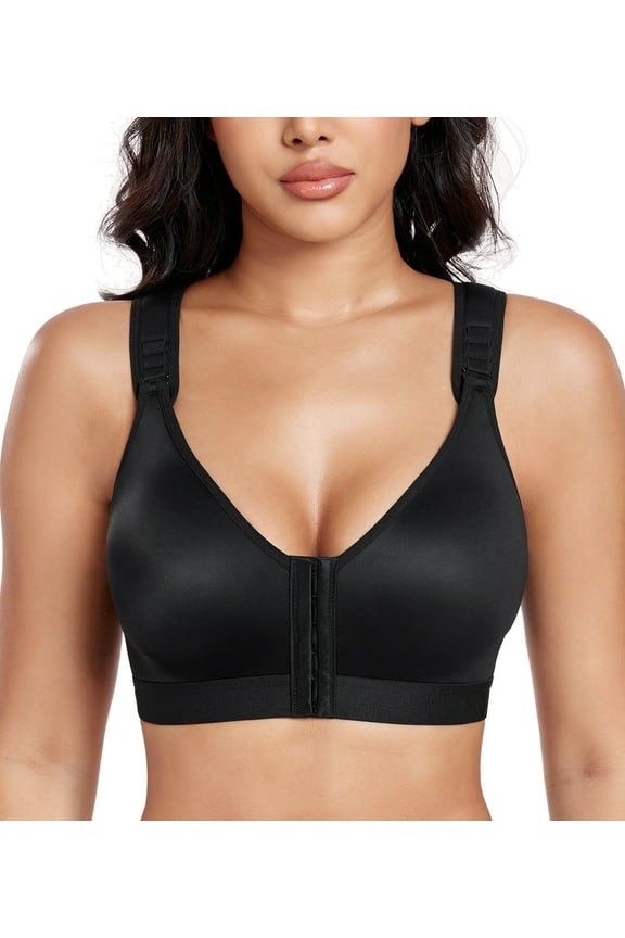 Women's Post Surgery Front Closure Wireless Non Padded Adjustable Wide Strap Bra(40D/DD,Black)