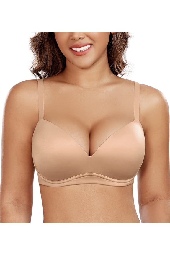 Women's Push Up Bra Wireless Comfortable Padded Plunge T-Shirt Bras(Beige,34D)