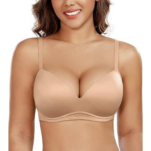 Exerin Women's Push Up Bra Wireless Comfortable Padded Plunge T-Shirt Bras(Beige,36C)