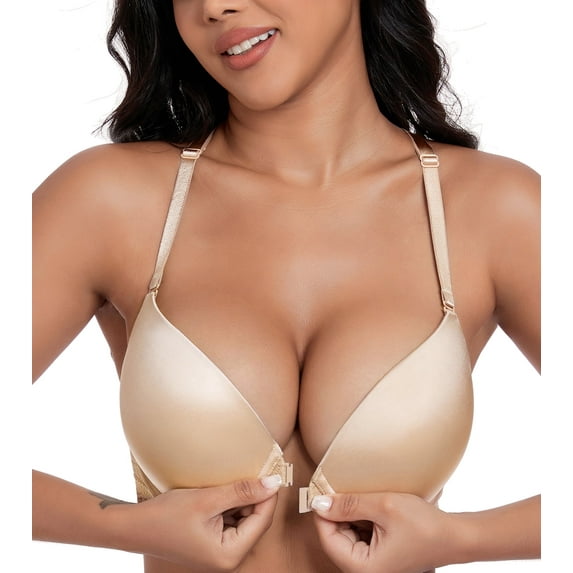 Exerin Women's Push Up Underwire Racerback Padded Convertible Front Closure Bra(32C,Beige)