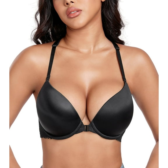 Exerin Women's Push Up Underwire Racerback Padded Convertible Front Closure Bra(36A,Black)