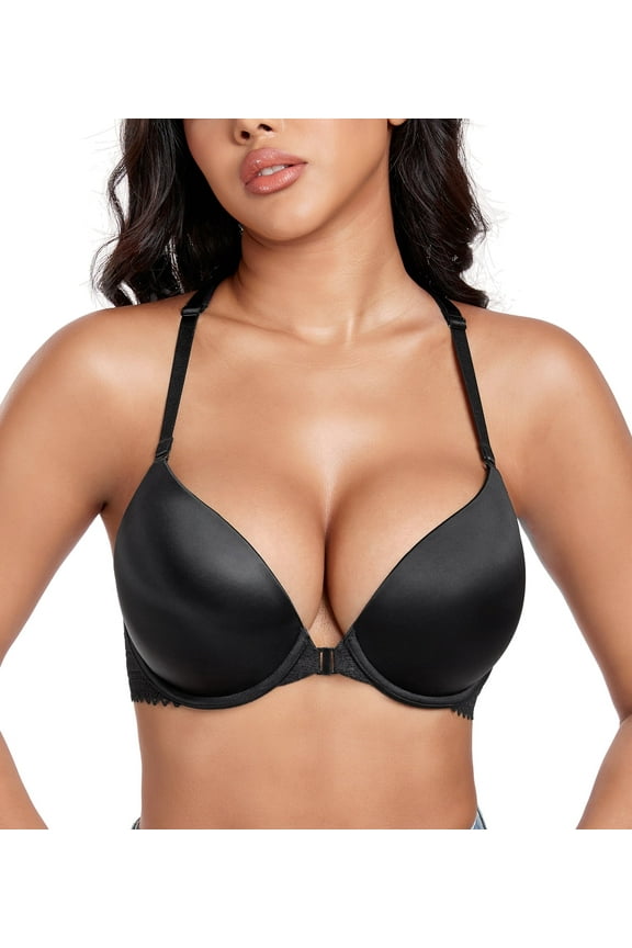 Women's Push Up Underwire Racerback Padded Convertible Front Closure Bra(38D,Black)