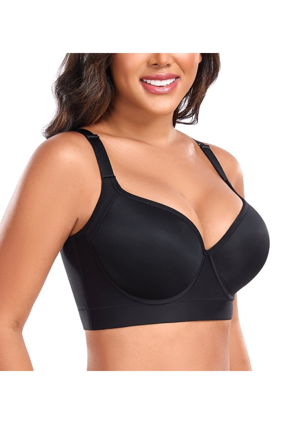 Women's Push Up Underwire Full Coverage Sculpting Uplift Support Hide Back Fat Bra(32D,Black)