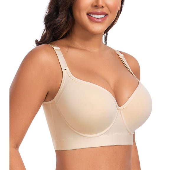 Exerin Women's Push Up Underwire Full Coverage Sculpting Uplift Support Hide Back Fat Bra(36DD,Beige)