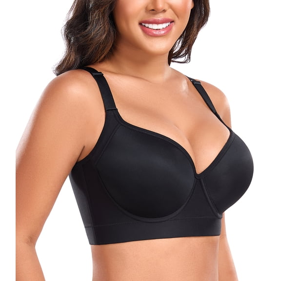 Exerin Women's Push Up Underwire Full Coverage Sculpting Uplift Support Hide Back Fat Bra(38D,Black)