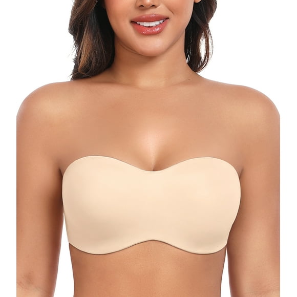 Exerin Women's Strapless Bras Seamless Underwire Unlined Minimizer Bandeau Plus Size Bra(Beige,38DD)