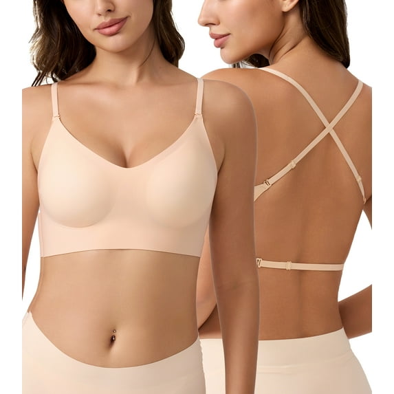 Exerin Women's Seamless Bras Wirefree Low Back Backless Comfort Multiway Convertible Bra(Beige,XL)
