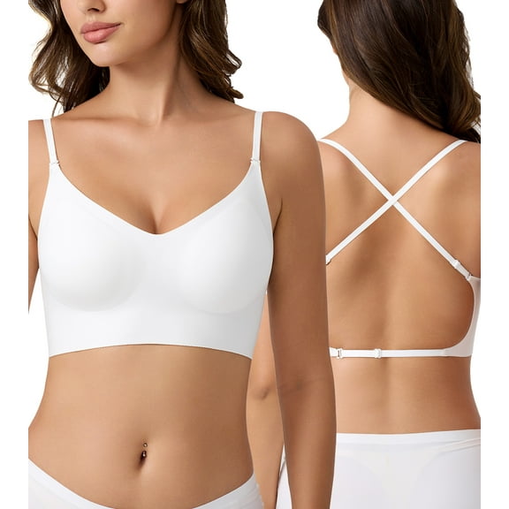 Exerin Women's Seamless Bras Wirefree Low Back Backless Comfort Multiway Convertible Bra(White,S)