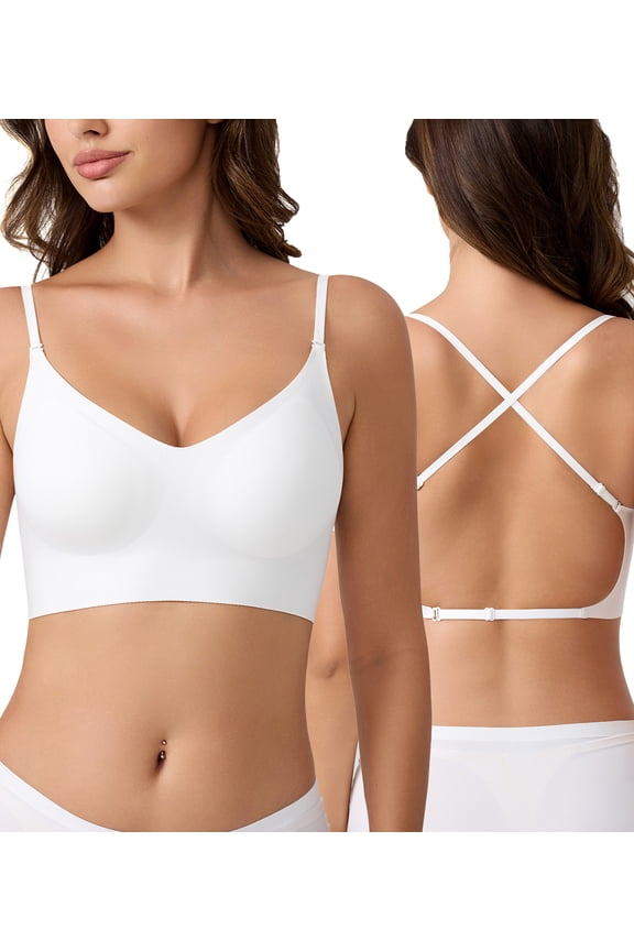 Women's Seamless Bras Wirefree Low Back Backless Comfort Multiway Convertible Bra(White,S)
