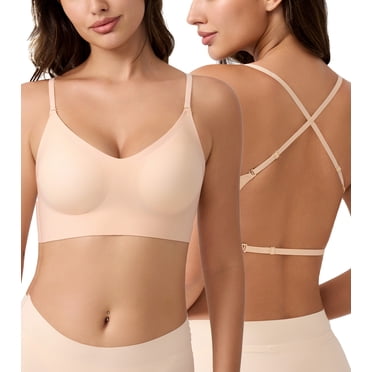 Exerin Women's Seamless Bras Wirefree Low Back Backless Comfort Multiway Convertible Bra(Beige,M)