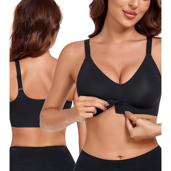 Exerin Women's Front Closure Bra Wireless Comfort Posture Back Smoothing Brasieres(L,Black)