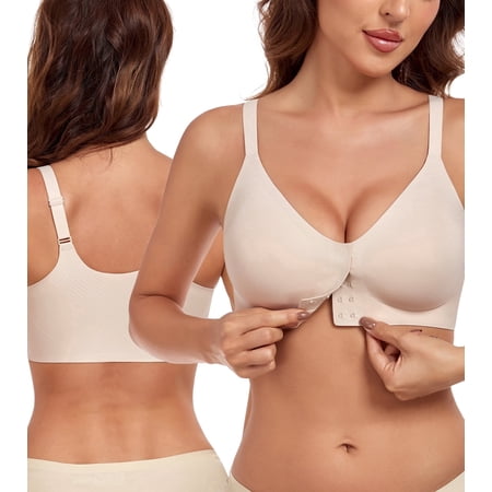 Exerin Women's Front Closure Bra Wireless Comfort Posture Back Smoothing Brasieres(XL,Beige)