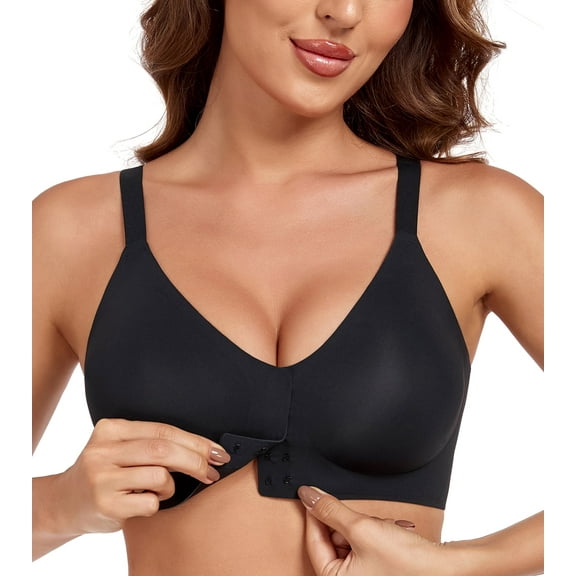 Exerin Women's Seamless Front Closure Bras No Underwire Comfort Posture Back Smoothing Brasieres(XXL,Black)