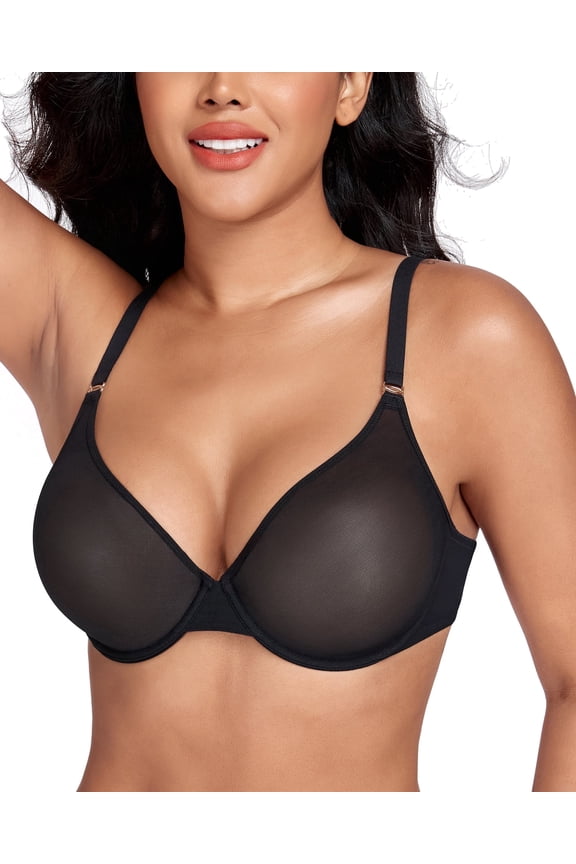 Women's See Through Underwire Unlined Comfort Sexy Sheer Mesh Bra(34D,Black)