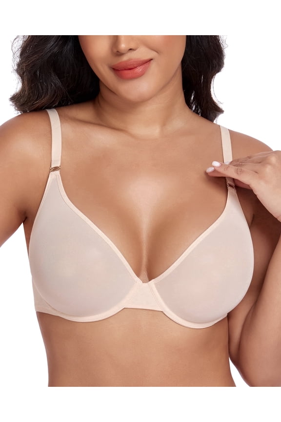 Women's See Through Underwire Unlined Comfort Sexy Sheer Mesh Bra(34DD,Beige)