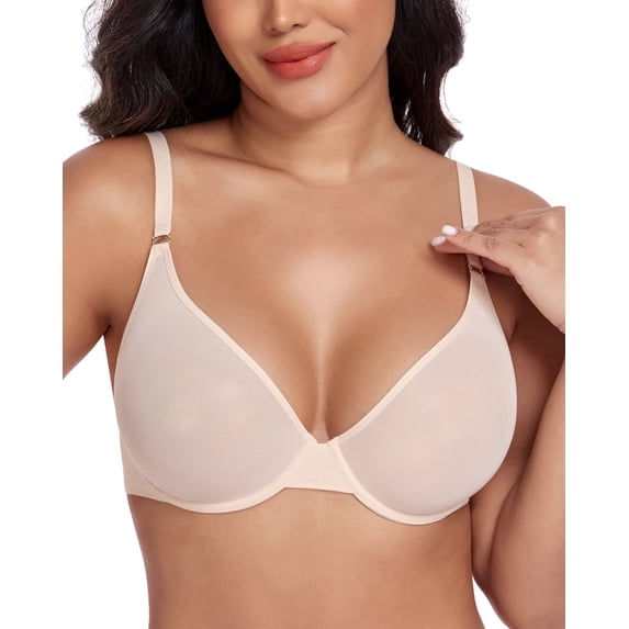 Exerin Women's See Through Underwire Unlined Comfort Sexy Sheer Mesh Bra(34DD,Beige)
