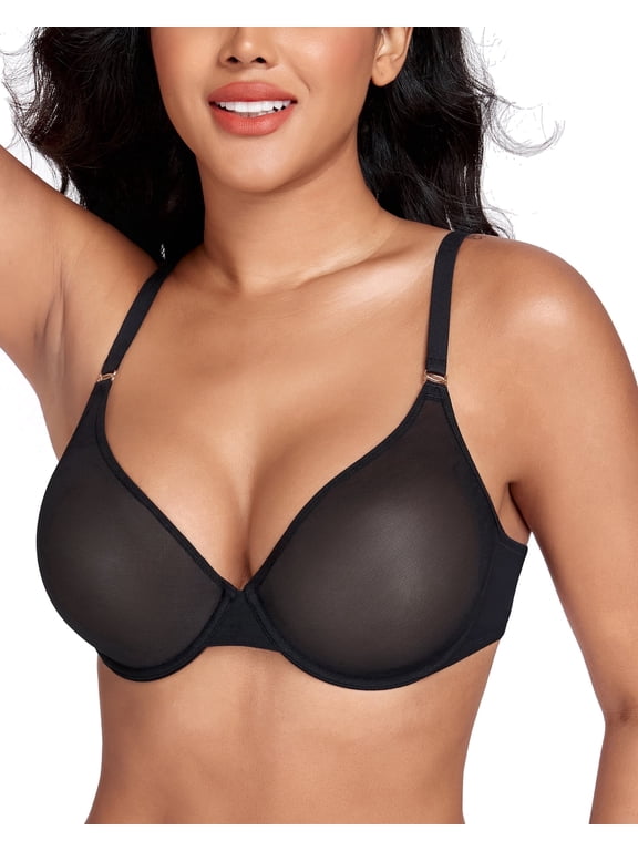 Women's See Through Underwire Unlined Comfort Sexy Sheer Mesh Bra(34DD,Black)