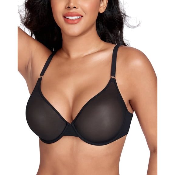 Exerin Women's See Through Underwire Unlined Comfort Sexy Sheer Mesh Bra(34DD,Black)