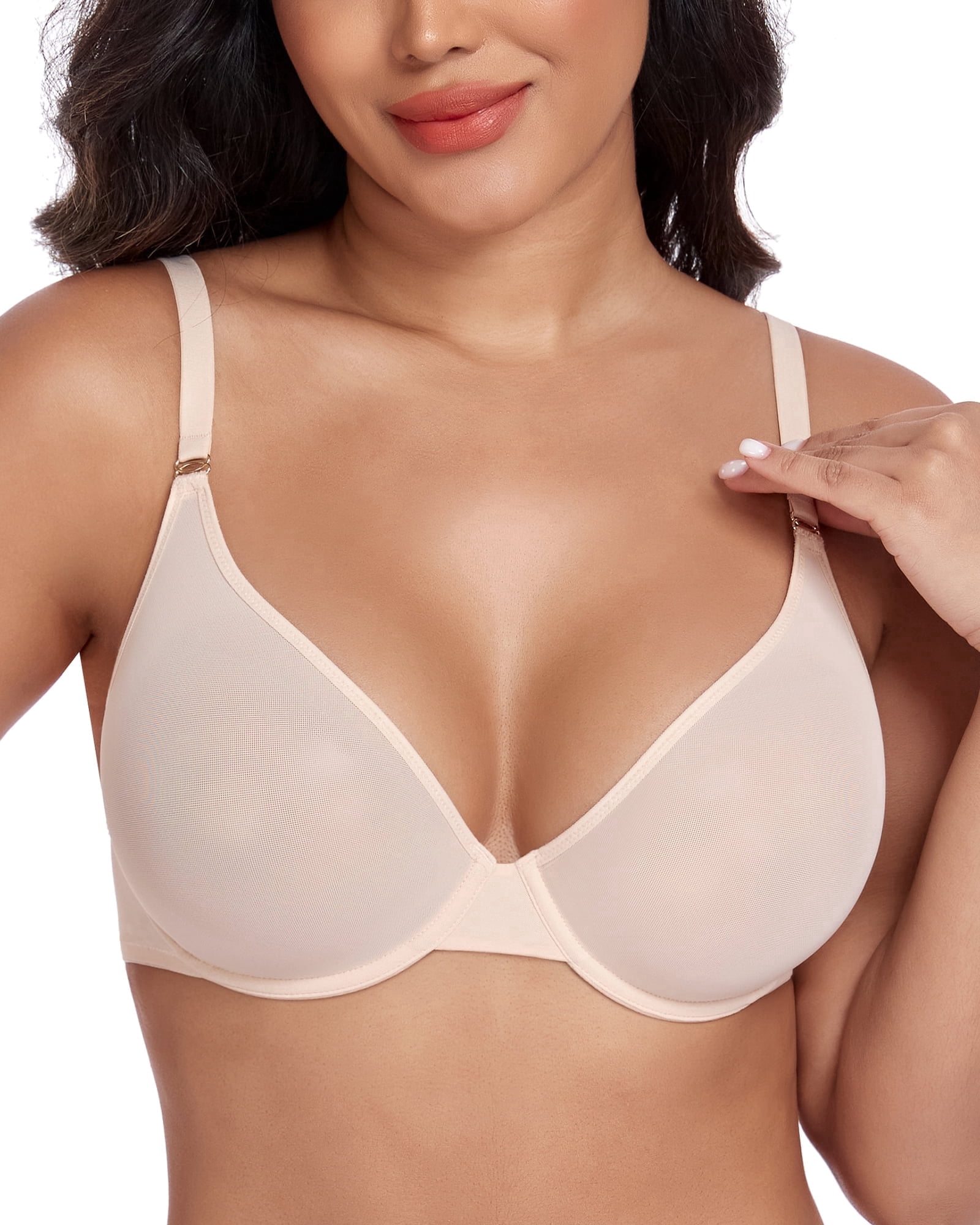 Exerin Women's See Through Underwire Unlined Comfort Sexy Sheer Mesh Bra(36C,Beige)