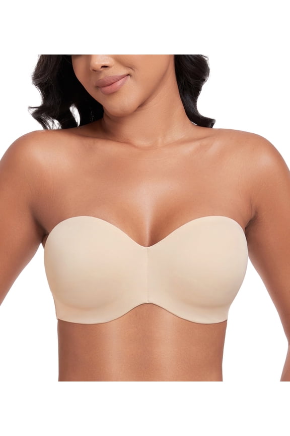 Women's Strapless Bra Non Slip Underwire Unpadded Seamless Minimizer Bra(Beige,32DDD)