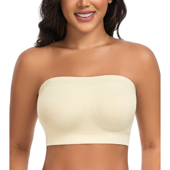 Exerin Women’s Strapless Bra Wireless Non-Slip Lightly Padded Seamless Bandeau Bras(Beige,3XL)