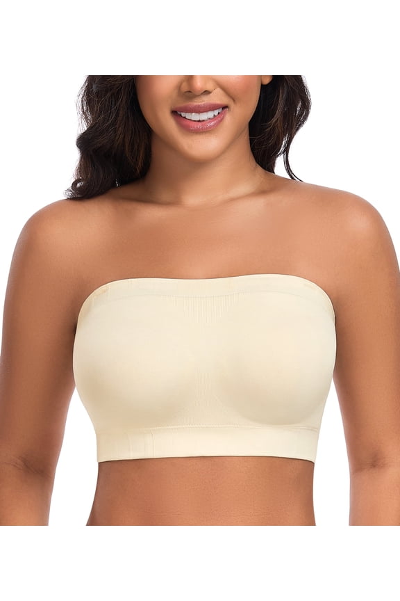 Women’s Strapless Wireless Non-Slip Lightly Padded Seamless Bandeau Bra(Beige,M)