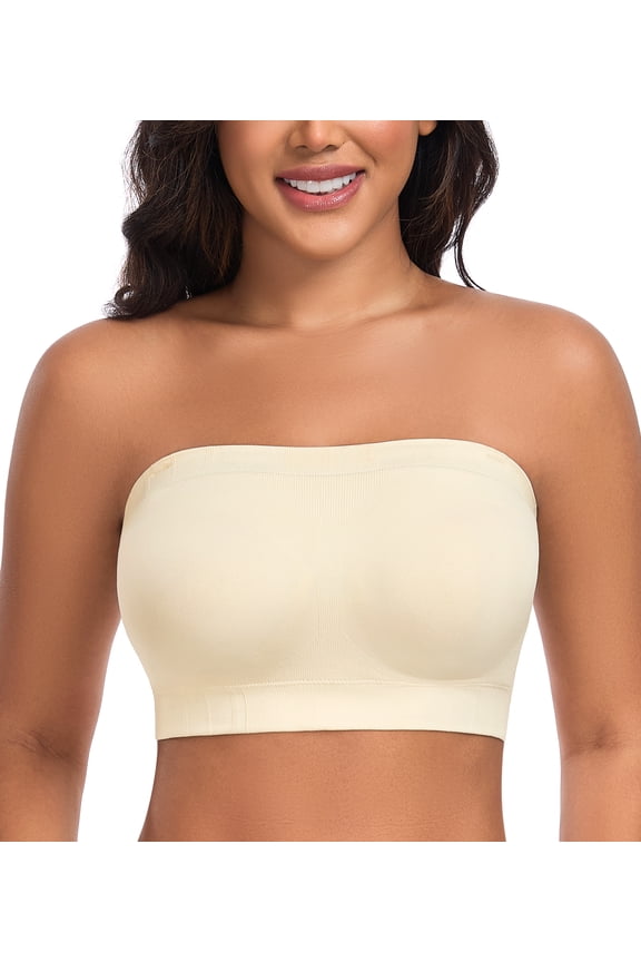 Women’s Strapless Bra Wireless Non-Slip Lightly Padded Seamless Bandeau Bras(Beige,XXL)