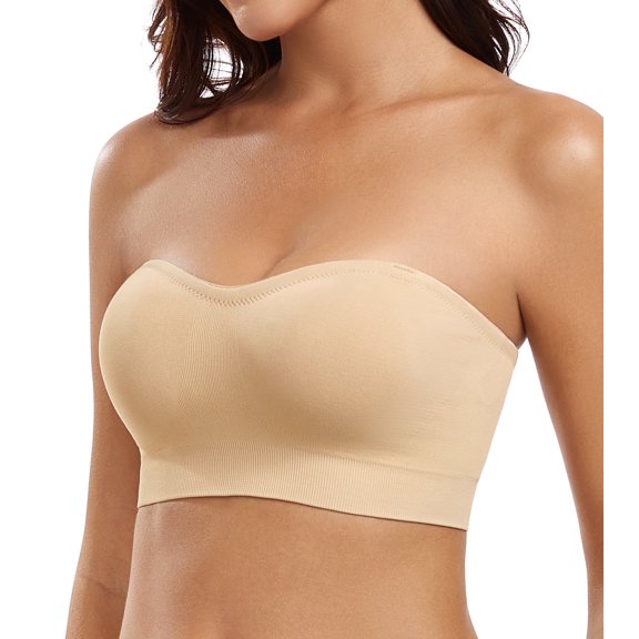 Exerin Women’s Strapless Bra Wireless Supportive Convertible Bandeau Bras with Removable Pads(Beige,M)