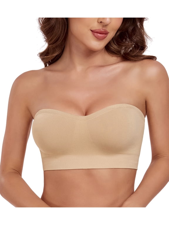 Women’s Strapless Bra Wireless Supportive Convertible Bandeau Bras with Removable Pads(Beige,M)