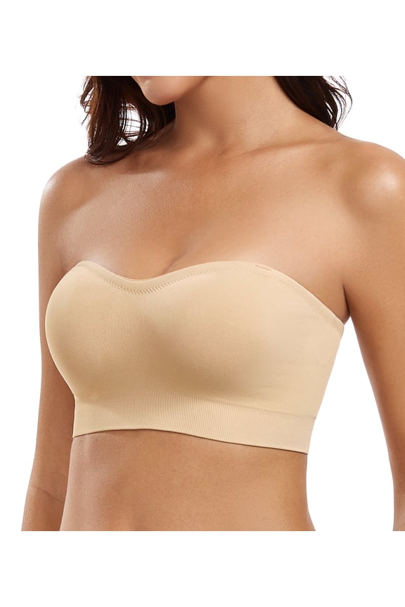 Women’s Strapless Bra Wireless with Removable Pads Supportive Convertible Bandeau Bras(Beige,S)