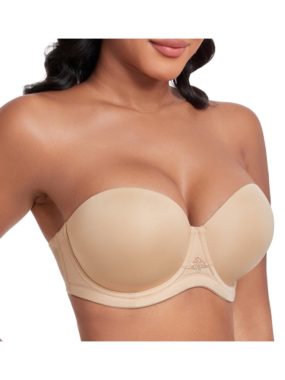 Women's Strapless Bras Full Coverage Underwire Multiway Convertible Plus Size Bra(32B,Beige)