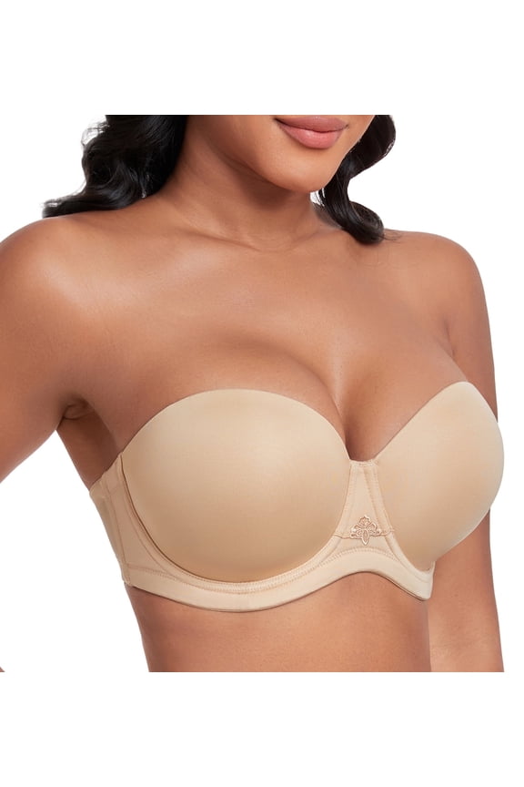 Women's Strapless Bras Full Coverage Underwire Multiway Convertible Plus Size Bra(32D,Beige)