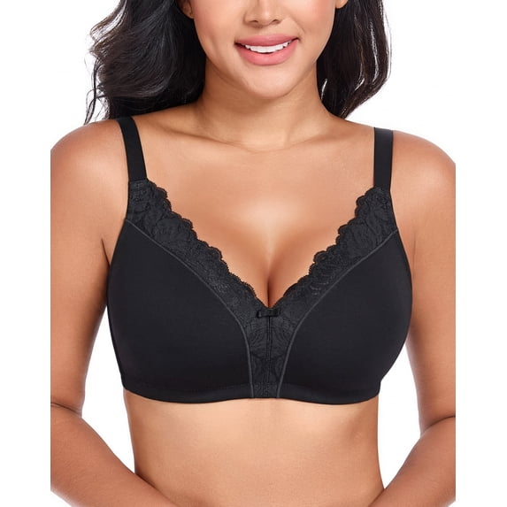 Exerin Women's Full Coverage Bras Wireless V-Neck Comfort Unlined Cotton Bra(34C,Black)