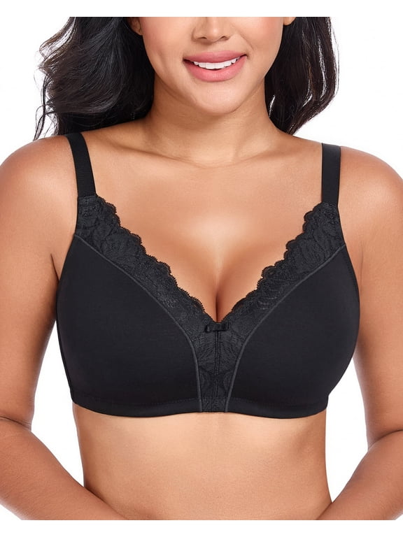Women's Full Coverage Bras Wireless V-Neck Comfort Unlined Cotton Bra(34DD,Black)