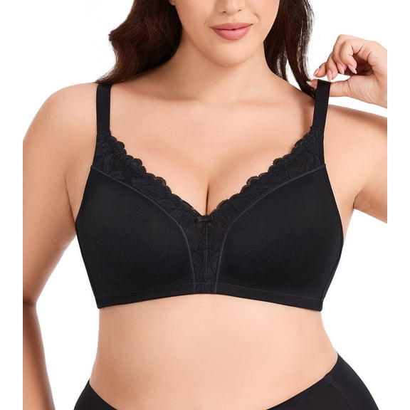 Exerin Women's Wireless Bra Cotton V-Neck Comfort T-Shirt Bra Non Padded Bralette(36C,Black)