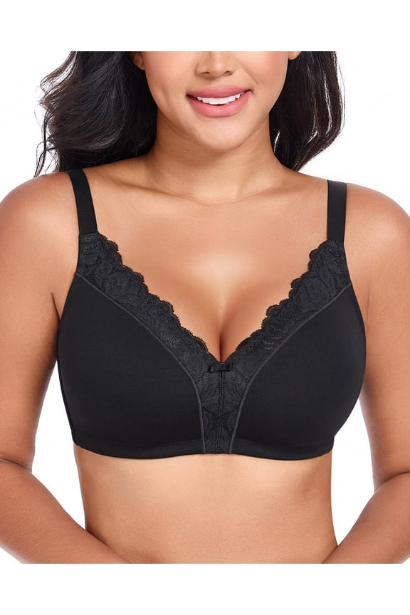 Women's Full Coverage Bras Wireless V-Neck Comfort Unlined Cotton Bra(38C,Black)