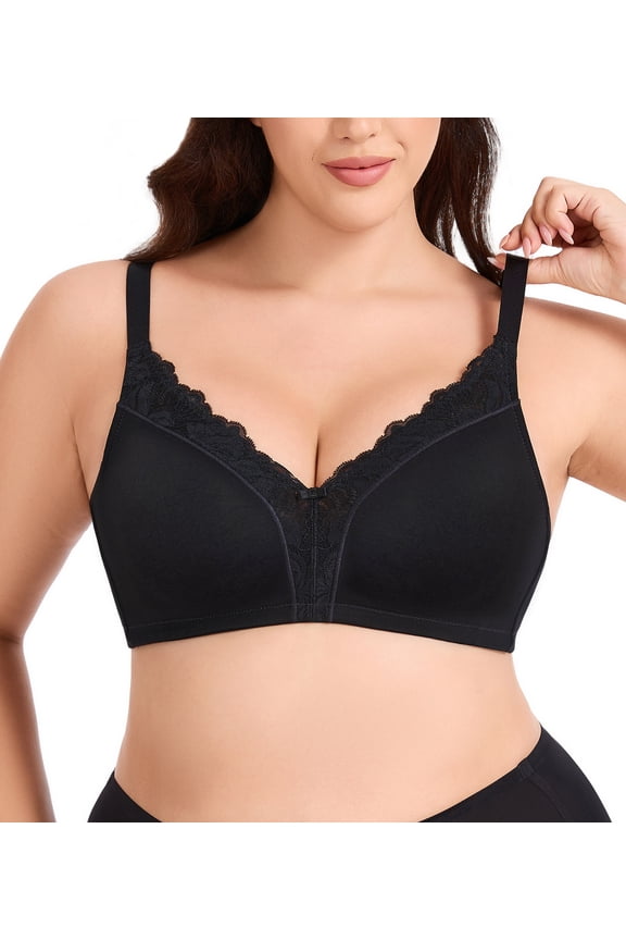 Women's Wireless Bra Cotton V-Neck Comfort T-Shirt Bra Non Padded Bralette(40C,Black)