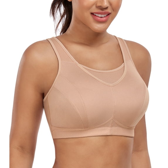 Exerin Women's Wireless Full Coverage High Impact Plus Size Supportive Sports Bra(42DD,Beige)