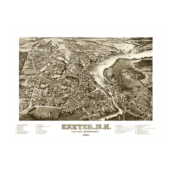 Exeter Art, 1884 Vintage Map of Exeter New Hampshire, NH History Wall Decor Gift, Old Exeter Map - 36" x 24" Unframed Print