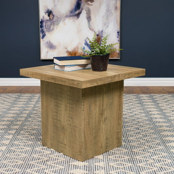 Exeter Mango Square End Table: Rustic Brown Engineered Wood, 23.5" Modern Pedestal Base, Black Veneer, Freestanding Living Room Accent Furniture, Taiwan