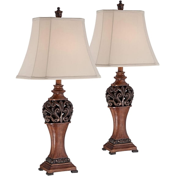 Exeter Traditional Style Table Lamps 30" Tall Full Size Set of 2 Bronze Wood Carved Leaf Creme Rectangular Bell Shade Decor for Living Room Bedroom House Bedside Nightstand Office