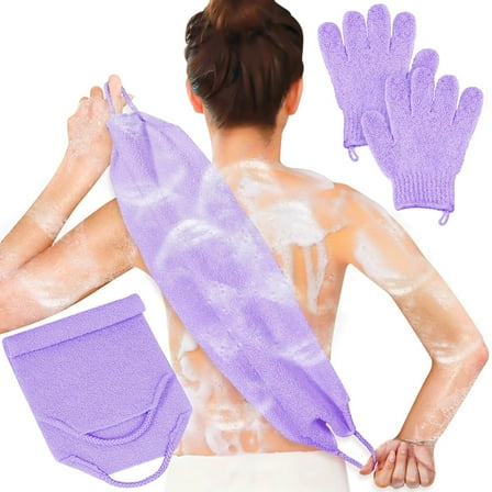 Exfoliating Back Scrubber Bath Gloves Set, Exfoliating Shower Towel with Shower Gloves for Body Scrub, Back Cleaner Wash Gloves to Remove Dead Skin (1pc Back Clean Towel + 1 pair of Gloves)