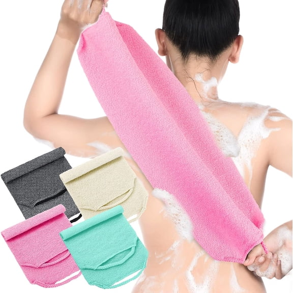 Exfoliating Back Scrubber with Handles 4 Packs Nylon Back Exfoliator Extended Length Back Washers Scrubbers Stretchable Pull Strap Exfoliating Washcloth