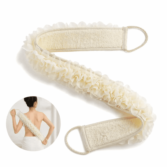 Artrylin  23"x3.7" Exfoliating Back Scrubber Strap  Terry Cloth & Mesh Loofah Body Sponge with Rope Handles for Shower, Bath & Spa, Beige