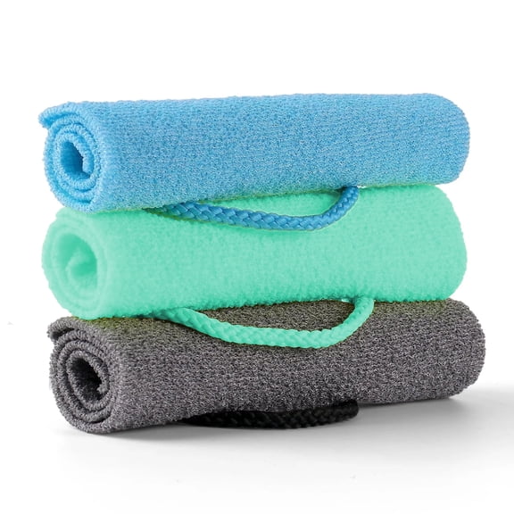 Exfoliating Body Scrubber Bath Towel 3 Pack Nylon Back Extended Length Washers Scrubbers Stretchable Pull Strap Washcloth(Gray, Blue, Green)