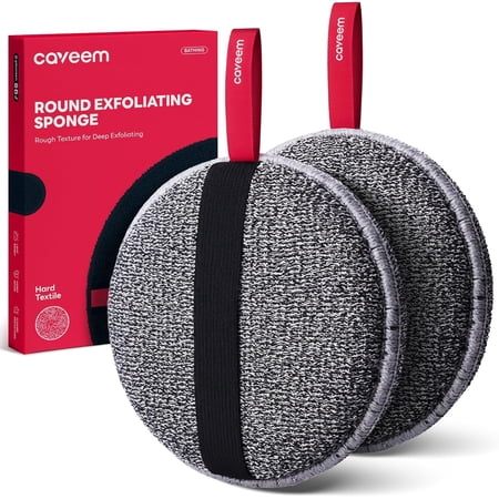 Caveem Exfoliating Body Scrubber, Extra Rough Shower Exfoliator Sponge, Body Exfoliating Sponges for Remove Dead Skin, Bath and Body Exfoliate Buffer, Round Sponge for Women (2 Pack)
