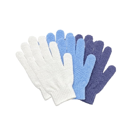 Exfoliating Dual Texture Bath Gloves, 3 Pairs for Shower Spa Massage, Blue Purple Beige