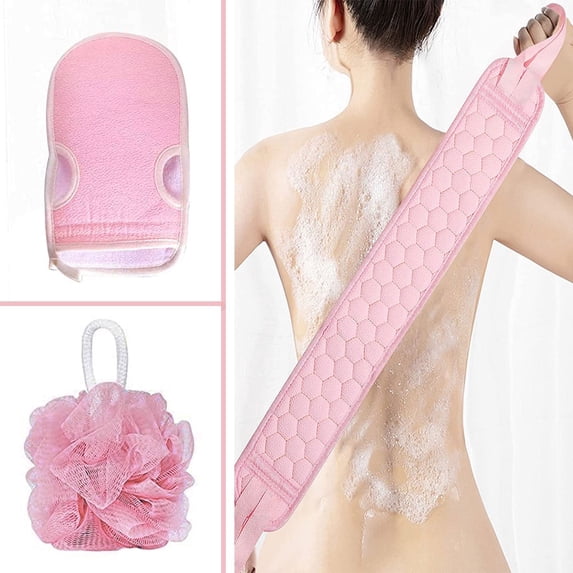 Exfoliating Glove and Bath Sponge Set for Shower, TRIANU Exfoliating Back Scrubber, Bath Back Scrubber for Men and Women, Pink