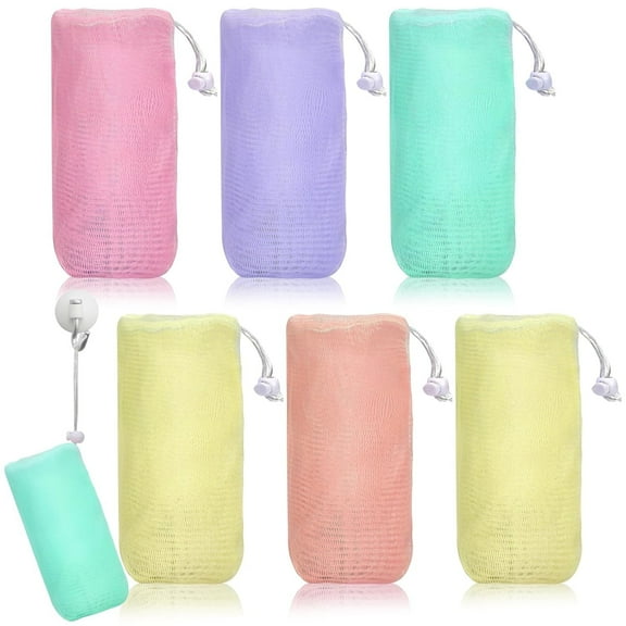 Exfoliating Mesh Soap Pouch,Mesh Foaming Soap Bag,Bath Sponge Bag,Face Wash Soap Pouch with Rope,Facial Cleaning Tool for Bar Soap,Scrubbing Soap,Storage Soap Tool,6 Pcs Random Colors