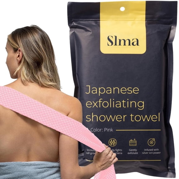 Exfoliating Washcloth Face & Body Scrub Towel - Japanese Exfoliating Towel with Hexagon Fibers, Body Scrubber with 2 Sides for Scrubbing & Washing, Extra Long Towels (Pink, 2 Pack)